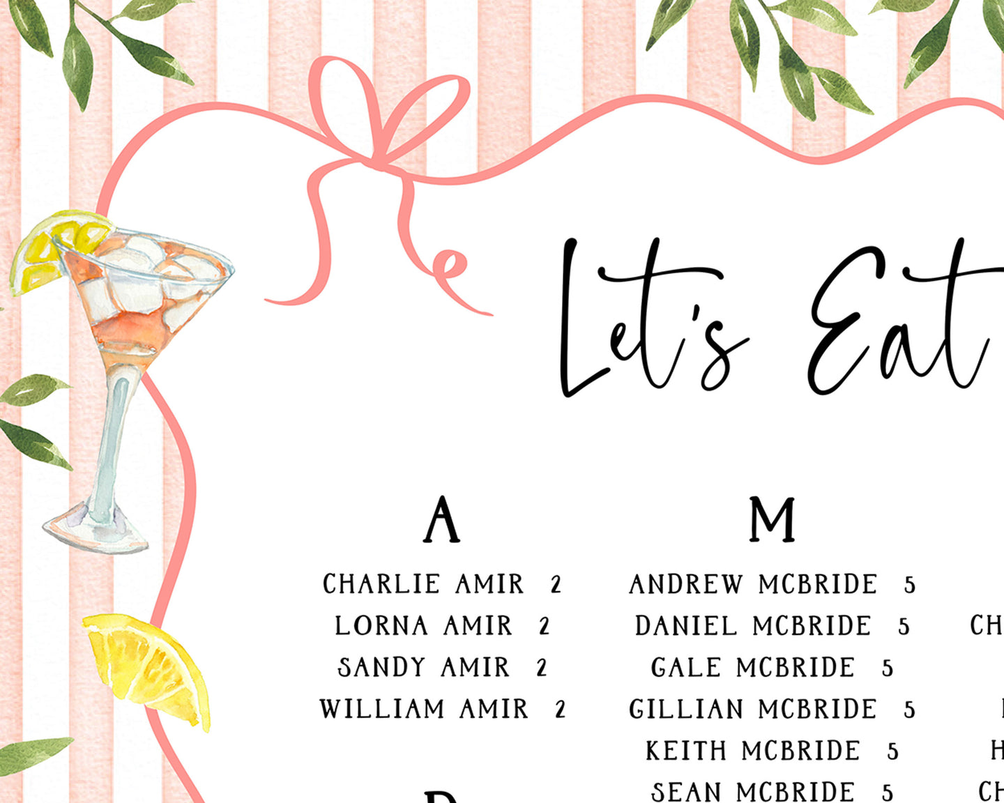 Cocktail themed wedding table plan with custom illustrations
